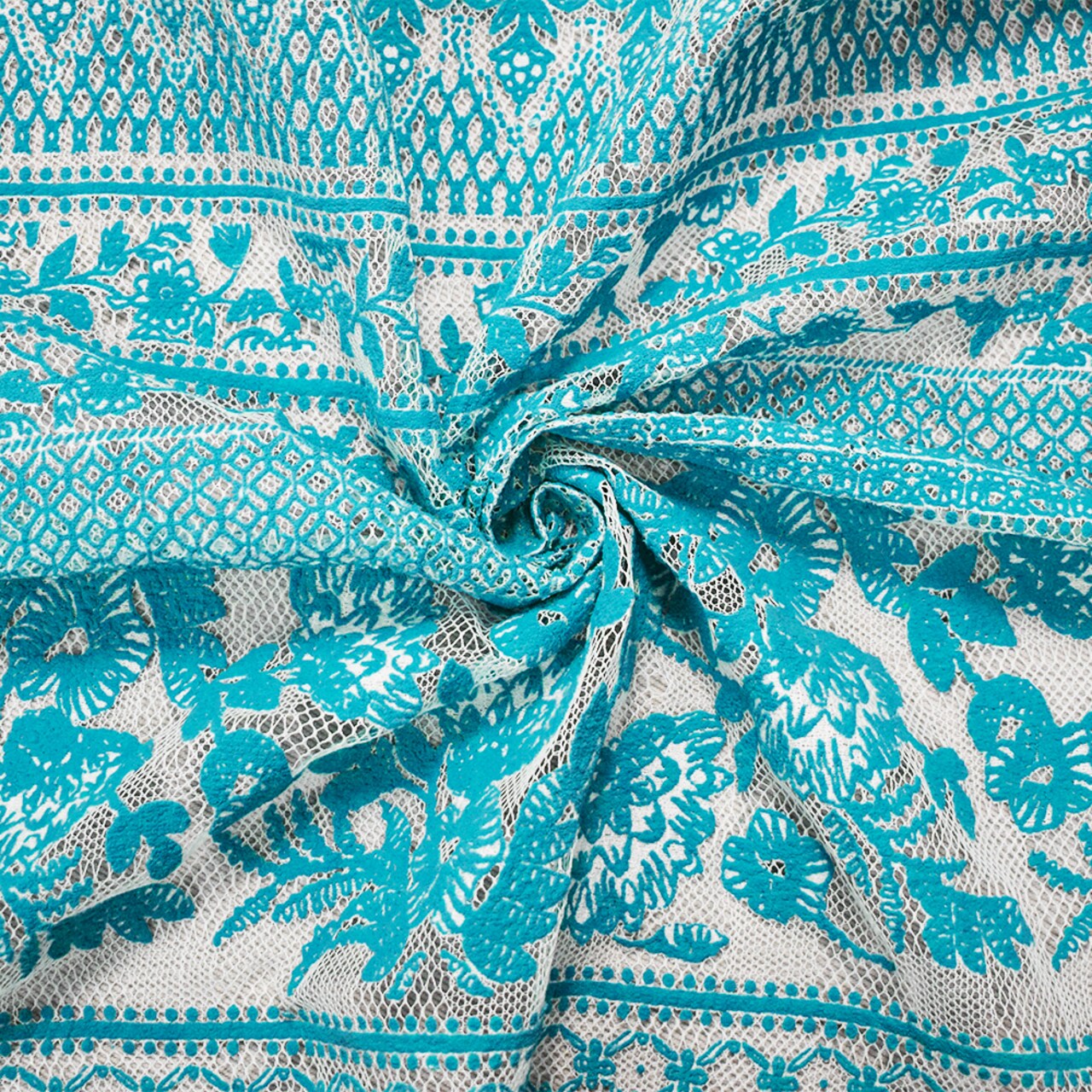 Turquoise-White Nylon Floral Multi Stripe Printed Mesh Lace Knit Fabric By the Yard